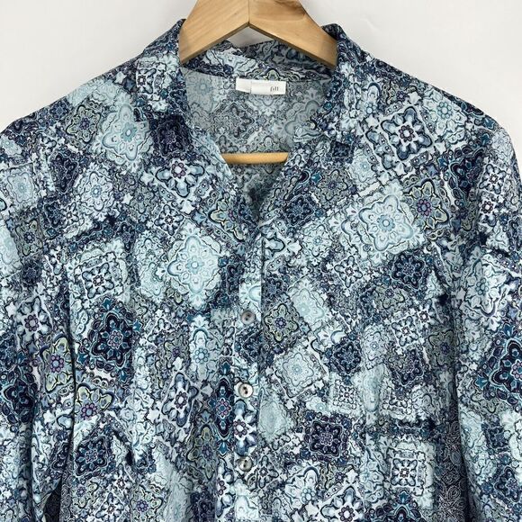 J Jill Top Size Medium Womens Blue Batik Print Blouse Popover Border Trim Rayon - Picture 2 of 7